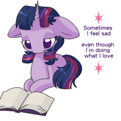 Size: 1000x1000 | Tagged: safe, artist:rue-willings, part of a set, twilight sparkle, g4, book, female, missing cutie mark, sad, solo, text