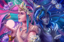 Size: 1800x1200 | Tagged: safe, artist:tsaoshin, princess celestia, princess luna, butterfly, human, insect, moth, g4, crown, duo, female, flower, horn, horned humanization, humanized, jewelry, pinklestia, pony coloring, regalia, technically advanced
