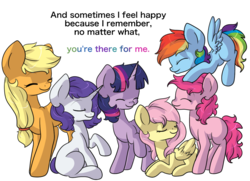 Size: 1280x929 | Tagged: safe, artist:rue-willings, part of a set, applejack, fluttershy, pinkie pie, rainbow dash, rarity, twilight sparkle, earth pony, pegasus, pony, unicorn, equestria girls, g4, alternate hairstyle, female, friendship, hatless, mane six, mare, missing accessory, missing cutie mark, simple background, text, transparent background