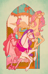 Size: 660x1020 | Tagged: safe, artist:iamacoyfish, fluttershy, pinkie pie, rarity, spike, horse, g4, carousel