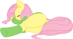 Size: 5000x2640 | Tagged: safe, artist:carnifex, artist:darkfrei, fluttershy, pegasus, pony, g4, bottomless, butt, clothes, dock, female, flutterbutt, flutterthighs, mare, on side, partial nudity, plot, show accurate, simple background, sleeping, solo, sweater, sweatershy, transparent background, vector