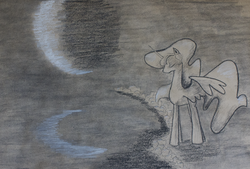 Size: 1360x920 | Tagged: safe, artist:inkygarden, princess celestia, g4, charcoal (medium), female, moon, night, sketch, solo, traditional art, water