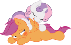 Size: 770x490 | Tagged: safe, artist:deadparrot22, artist:joey darkmeat, scootaloo, sweetie belle, pegasus, pony, unicorn, g4, blushing, colored, female, filly, lesbian, preening, ship:scootabelle, shipping, simple background, svg, transparent background, vector