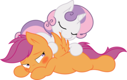 Size: 770x490 | Tagged: safe, artist:deadparrot22, artist:joey darkmeat, scootaloo, sweetie belle, pegasus, pony, unicorn, g4, blushing, colored, duo, female, filly, lesbian, preening, ship:scootabelle, shipping, simple background, svg, transparent background, vector