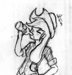 Size: 969x1008 | Tagged: safe, artist:leadhooves, applejack, human, g4, drinking, eyes closed, female, humanized, monochrome, solo