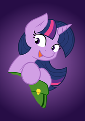 Size: 1251x1772 | Tagged: safe, artist:joey darkmeat, artist:vanilliepie, twilight sparkle, pony, unicorn, g4, backpack, female, happy, looking down, mare, open mouth, purple background, simple background, smiling, solo, unicorn twilight, vector