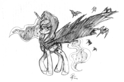 Size: 2752x1824 | Tagged: safe, artist:leadhooves, princess luna, bat, g4, bat cloak, cloak, clothes, female, frown, hood, looking at you, monochrome, raised hoof, serious, solo, unamused