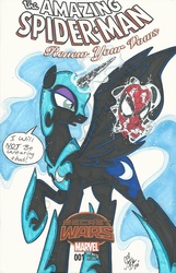Size: 1024x1587 | Tagged: safe, artist:ponygoddess, nightmare moon, g4, cover, female, male, mask, solo, spider-man