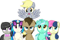 Size: 7041x4761 | Tagged: safe, artist:firestorm-can, bon bon, derpy hooves, dj pon-3, doctor whooves, lyra heartstrings, octavia melody, sweetie drops, time turner, vinyl scratch, earth pony, pegasus, pony, unicorn, g4, absurd resolution, background pony, background six, bowtie, female, hooves, horn, male, mare, open mouth, simple background, smiling, spread wings, stallion, sunglasses, transparent background, vector, wings
