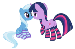 Size: 4607x3000 | Tagged: safe, artist:alexiy777, trixie, twilight sparkle, pony, unicorn, g4, butt, clothes, female, lesbian, mare, plot, ship:twixie, shipping, simple background, socks, striped socks, transparent background, unicorn twilight, vector