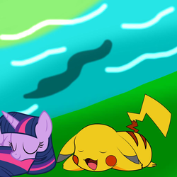 Size: 1024x1024 | Tagged: safe, artist:zacatron94, edit, twilight sparkle, pikachu, g4, cute, field, pokémon, river, sleeping