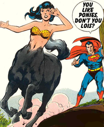 Size: 506x614 | Tagged: safe, centaur, barely pony related, belly button, bikini, clothes, dc comics, lois lane, midriff, superdickery, superman, swimsuit, wat