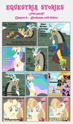 Size: 1919x3245 | Tagged: safe, artist:estories, discord, princess celestia, oc, oc:alice goldenfeather, alicorn, draconequus, pegasus, pony, comic:find yourself, g4, canterlot, comic, cross-popping veins, female, male, mare, mirror, oh come on