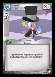 Size: 495x691 | Tagged: safe, enterplay, spike, dragon, equestrian odysseys, g4, my little pony collectible card game, card, ccg, cupcake, food, gem, gem shards, gemstones, implied death, implied garnet, implied murder, implied ruby (steven universe), implied sapphire, implied shattering, male, sapphire, sapphire cupcake, shattered gem, solo, spike and the crystal gems, steven universe, this will end in war, this will not end well