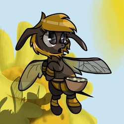Size: 1000x1000 | Tagged: safe, artist:stormytheloner, oc, oc only, oc:beelona, bee pony, original species, flying, open mouth, pollen, solo, spread wings, wings