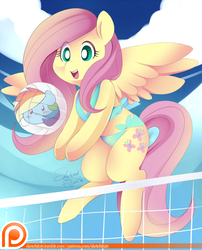 Size: 549x680 | Tagged: safe, artist:ende26, fluttershy, rainbow dash, g4, ball, bikini, clothes, female, net, open mouth, patreon, side-tie bikini, solo, swimsuit, volleyball