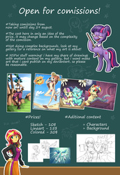 Size: 1861x2699 | Tagged: safe, artist:nauth, bon bon, lyra heartstrings, sunset shimmer, sweetie drops, twilight sparkle, oc, oc:alissa, oc:anor, equestria girls, g4, commission, commission info, female, lesbian, misspelling, open, ship:lyrabon, shipping