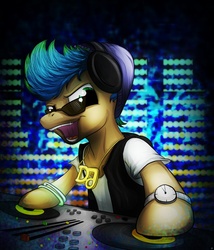 Size: 827x965 | Tagged: safe, artist:lupiarts, oc, oc only, commission, disc jockey, solo, turntable