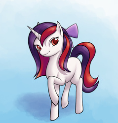 Size: 1172x1228 | Tagged: safe, artist:raithial, oc, oc only, oc:moonlight shadow, blank flank, bow, hair bow, looking at you, raised hoof, simple background, smiling, solo