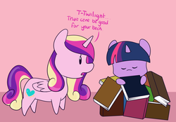 Size: 1280x891 | Tagged: safe, artist:estrill, princess cadance, twilight sparkle, alicorn, pony, g4, askbookobsessedtwilight, book, book nest, cute, dialogue, eyes closed, female, frown, mare, open mouth, princess sleeping on books, sleeping, that pony sure does love books, twilight sparkle (alicorn), worried