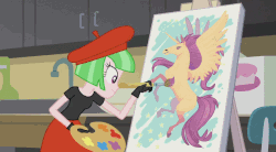 Size: 636x351 | Tagged: safe, screencap, drama letter, photo finish, pixel pizazz, violet blurr, watermelody, alicorn, equestria girls, g4, my little pony equestria girls: friendship games, photo finished, animated, background human, brush, canvas, female, paint, painting, the snapshots