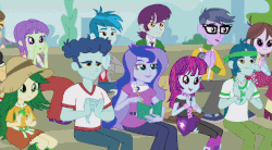 Size: 636x351 | Tagged: safe, screencap, captain planet, curly winds, indigo wreath, microchips, mystery mint, princess luna, some blue guy, starlight, sweet leaf, teddy t. touchdown, thunderbass, velvet sky, vice principal luna, all's fair in love and friendship games, equestria girls, friendship games, g4, animated, background human, clapping, how, notebook, pen, surprised, writing