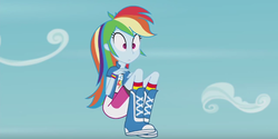 Size: 854x427 | Tagged: safe, screencap, rainbow dash, equestria girls, g4, my little pony equestria girls: friendship games, pinkie spy (short), boots, clothes, female, skirt, socks, solo, student