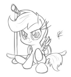 Size: 1883x2044 | Tagged: safe, artist:leadhooves, scootaloo, pegasus, pony, g4, female, filly, foal, grayscale, long eyelashes, looking at you, monochrome, scooter, signature, simple background, sitting, solo, spread wings, white background, wings