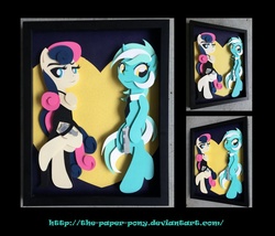Size: 967x826 | Tagged: safe, artist:the-paper-pony, bon bon, lyra heartstrings, sweetie drops, pony, g4, bipedal, clothes, dexterous hooves, dress, female, gun, lesbian, mr. and mrs. smith, necktie, secret agent sweetie drops, shadowbox, ship:lyrabon, shipping