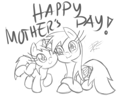 Size: 2536x2078 | Tagged: safe, artist:leadhooves, derpy hooves, dinky hooves, pegasus, pony, unicorn, g4, equestria's best daughter, equestria's best mother, female, mare, monochrome, mother's day