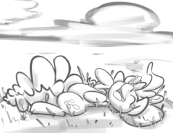 Size: 3300x2550 | Tagged: safe, artist:leadhooves, pinkie pie, butterfly, g4, cute, diapinkes, female, grass, grass field, horses doing horse things, monochrome, on back, solo