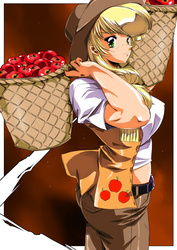 Size: 2500x3535 | Tagged: safe, artist:hinomars19, applejack, human, g4, anime, apple, basket, breasts, busty applejack, carrying, clothes, female, high res, humanized, light skin, looking at you, solo, urushihara satoshi, working