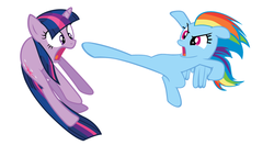 Size: 1050x554 | Tagged: safe, rainbow dash, twilight sparkle, g4, dynamic entry, kick, kicking, shocked, simple background, wet, wet mane, white background