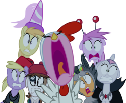 Size: 3654x3000 | Tagged: safe, artist:firestorm-can, dinky hooves, noi, pinkie pie, pipsqueak, piña colada, scootaloo, sweetie belle, g4, luna eclipsed, season 2, clothes, costume, firefighter, nightmare night, nightmare night costume, screaming, simple background, transparent background, vector