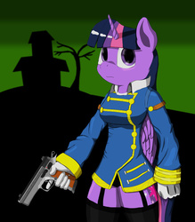 Size: 837x954 | Tagged: safe, artist:mopyr, twilight sparkle, anthro, g4, clothes, cz 75, female, gun, jacket, solo, twilight sparkle (alicorn)