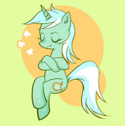 Size: 862x869 | Tagged: safe, artist:wtcolor, lyra heartstrings, g4, my little pony: friendship is magic, slice of life (episode), :t, abstract background, crossed legs, ear fluff, eyes closed, female, grumpy, meme, pixiv, sitting, sitting lyra, solo, unamused