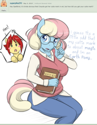 Size: 3000x3865 | Tagged: safe, artist:askbubblelee, oc, oc only, oc:crayola, oc:spellbind, anthro, anthro oc, book, cute, dialogue, glasses, high res, looking at you, simple background, transparent background