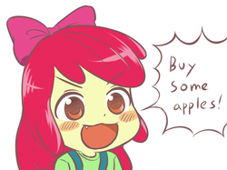 Size: 703x526 | Tagged: safe, artist:ta-na, apple bloom, call of the cutie, equestria girls, g4, adorabloom, anime, bust, buy some apples, cute, cute little fangs, dialogue, fangs, female, ohayou face, portrait, solo, speech bubble