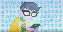 Size: 857x441 | Tagged: safe, screencap, micro chips, a banner day, equestria girls, g4, my little pony equestria girls: friendship games, calculator, dna, genetic engineering, genetics, male