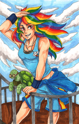 Size: 1091x1701 | Tagged: safe, artist:fir3h34rt, rainbow dash, tank, human, g4, armpits, belly button, clothes, female, humanized, midriff, necklace, shorts, solo, tank top, traditional art, windswept hair