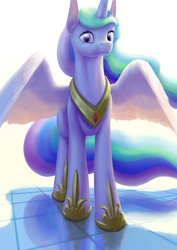 Size: 1400x1980 | Tagged: safe, artist:dahtamnay, princess celestia, g4, female, looking at you, reflection, solo, spread wings