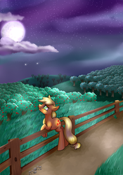 Size: 3500x5000 | Tagged: safe, artist:bubble-toes14, applejack, g4, apple tree, female, fence, hatless, leaning, missing accessory, moon, night, shooting stars, solo