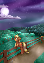 Size: 3500x5000 | Tagged: safe, artist:bubble-toes14, applejack, g4, apple tree, female, fence, hatless, leaning, missing accessory, moon, night, shooting star, solo