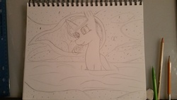 Size: 5312x2988 | Tagged: safe, artist:cryst4lclear, princess luna, g4, hot springs, night sky, sketch, stars, traditional art, water