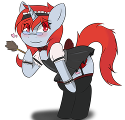 Size: 1600x1533 | Tagged: safe, artist:monanniverse, derpibooru exclusive, oc, oc only, oc:mona, pony, unicorn, semi-anthro, bipedal, blushing, bowtie, clothes, duster, female, garter belt, garters, glasses, heart, heart eyes, hoof hold, looking at you, maid, outfit, simple background, smiling, solo, stockings, white background, wingding eyes