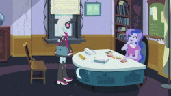 Size: 480x270 | Tagged: safe, screencap, photo finish, pixel pizazz, princess luna, vice principal luna, violet blurr, equestria girls, g4, my little pony equestria girls: friendship games, photo finished, animated, animated screencap, didn't think this through, female, luna's office, oh crap face, the snapshots, this is gonna suck