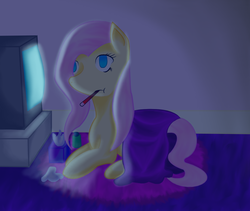Size: 842x712 | Tagged: safe, artist:wendy-the-creeper, fluttershy, g4, blanket, sick, television, thermometer, tissue, tissue box