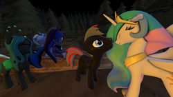 Size: 1920x1080 | Tagged: safe, princess celestia, princess luna, queen chrysalis, oc, oc:sentrie gun, alicorn, changeling, pony, g4, 3d, camping, filly, group, self ponidox, woona