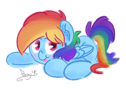 Size: 997x706 | Tagged: safe, artist:perrydotto, rainbow dash, pegasus, pony, g4, cute, ear fluff, female, looking at you, lying down, mare, prone, signature, silly, silly pony, simple background, solo, tongue out, white background