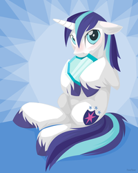 Size: 1280x1600 | Tagged: safe, artist:hoverrover, shining armor, pony, unicorn, g4, blushing, colored hooves, crystal heart, cute, ear fluff, floppy ears, hoof fluff, hooves, horn, lineless, looking at you, male, mirror, shining adorable, sitting, solo, stallion, unshorn fetlocks